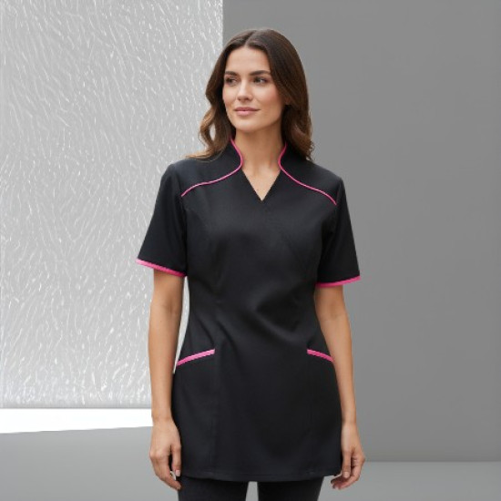 Wikkeltuniek Wendy (Polyester) - Zwart met roze rand Wikkeltuniek Wendy (Polyester) - Zwart met roze rand